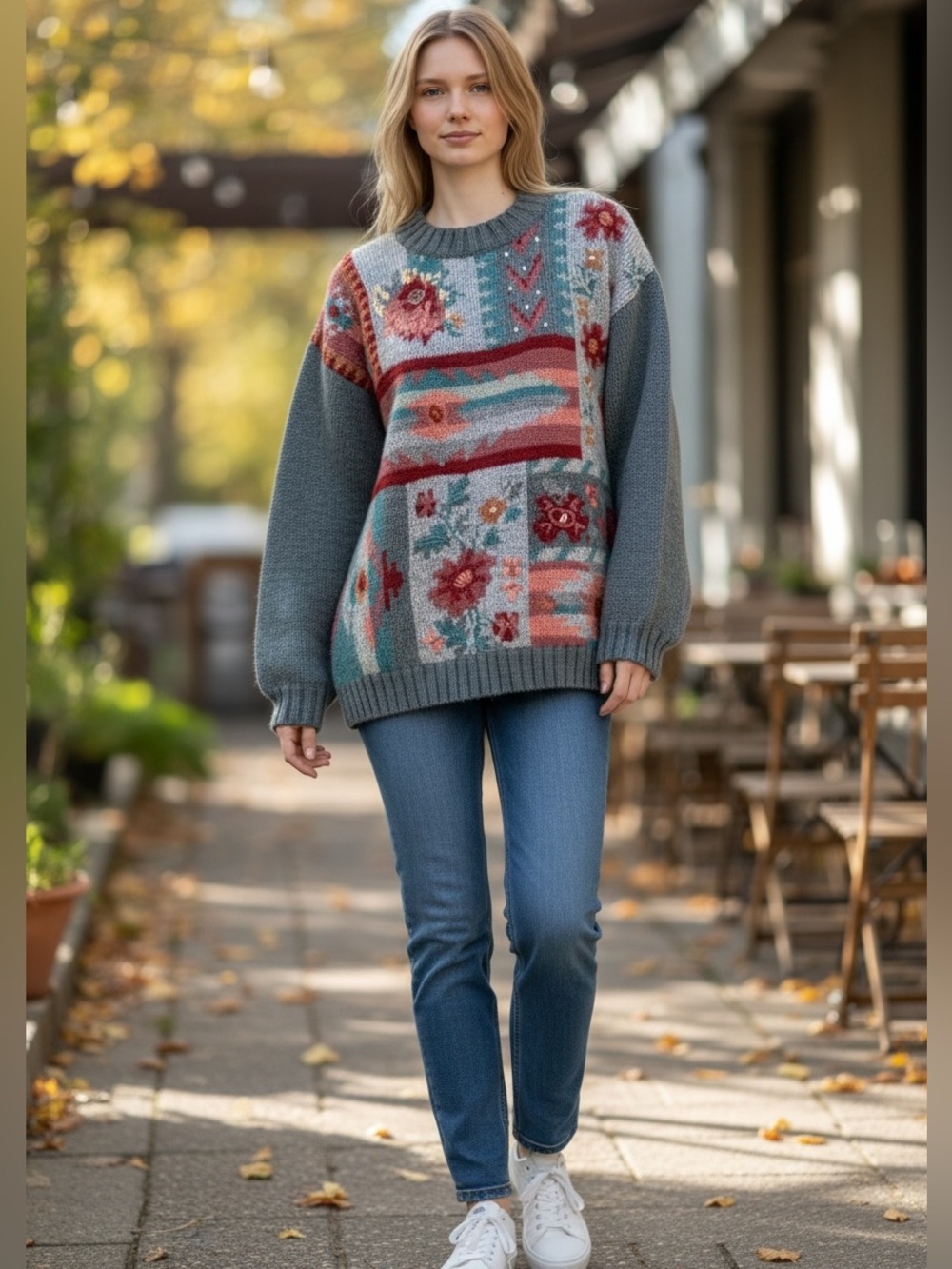 Eddie Bauer Wool Embroidered Floral Heavy Oversized Pullover Sweater